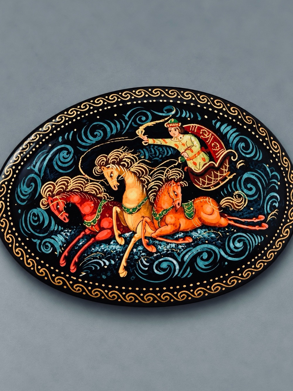 Vintage Hand-Painted Troika Brooch - Black, Red & Gold #cz598